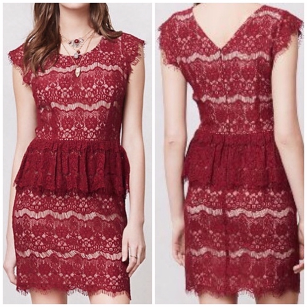 Anthropologie Maeve Wine Bordeaux Lace Peplum Cap Sleeve Dress AD8522B NEW S
